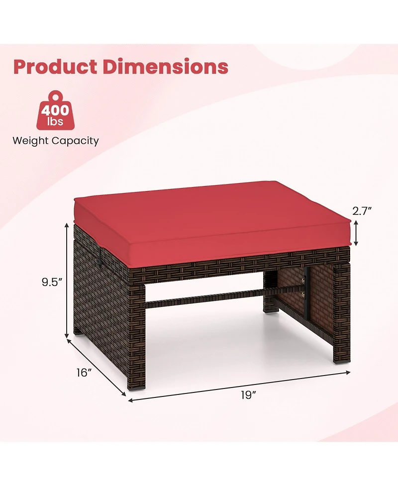 Gymax Set of 2 Patio Pe Rattan Ottomans w/ Soft Zippered Cushions for Deck Outdoor