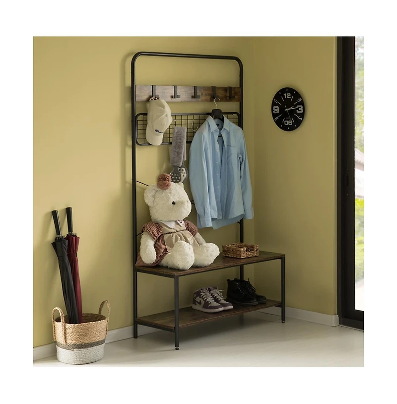 Vintage like Brown Coat Rack Hall Tree with Storage for Entryway With 10 Hooks and Storage