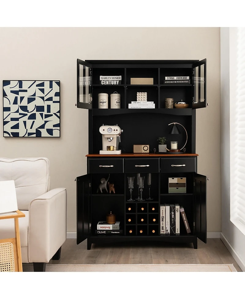 Gymax Buffet And Hutch Kitchen Storage Cabinet Cupboard w/ Wine Rack & Drawers Black