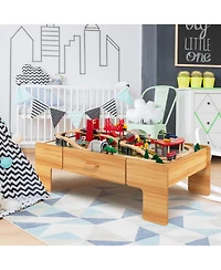 Kids Wooden Train Set & Double-Sided Table Playset w/100 Pieces & Storage Drawer