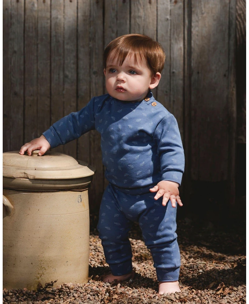 Deux par Baby Boy Cotton Pant and Top Set Blue Leaf Print