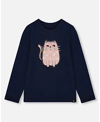 Deux par Girl Cotton T-Shirt Dark Blue with Cat