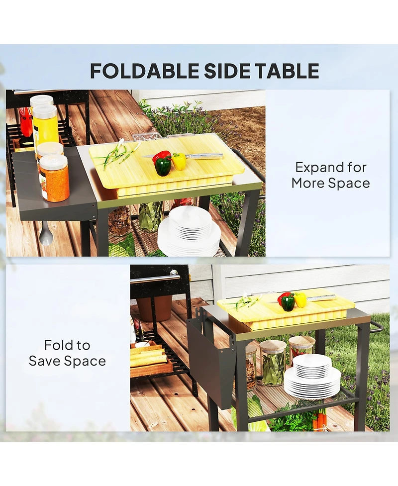 Outsunny 3-Shelf Outdoor Grill Cart Table with Foldable Side Table,