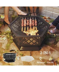 Outsunny 28" Outdoor Fire Pit with Grill Poker Wood Burning Firepit,