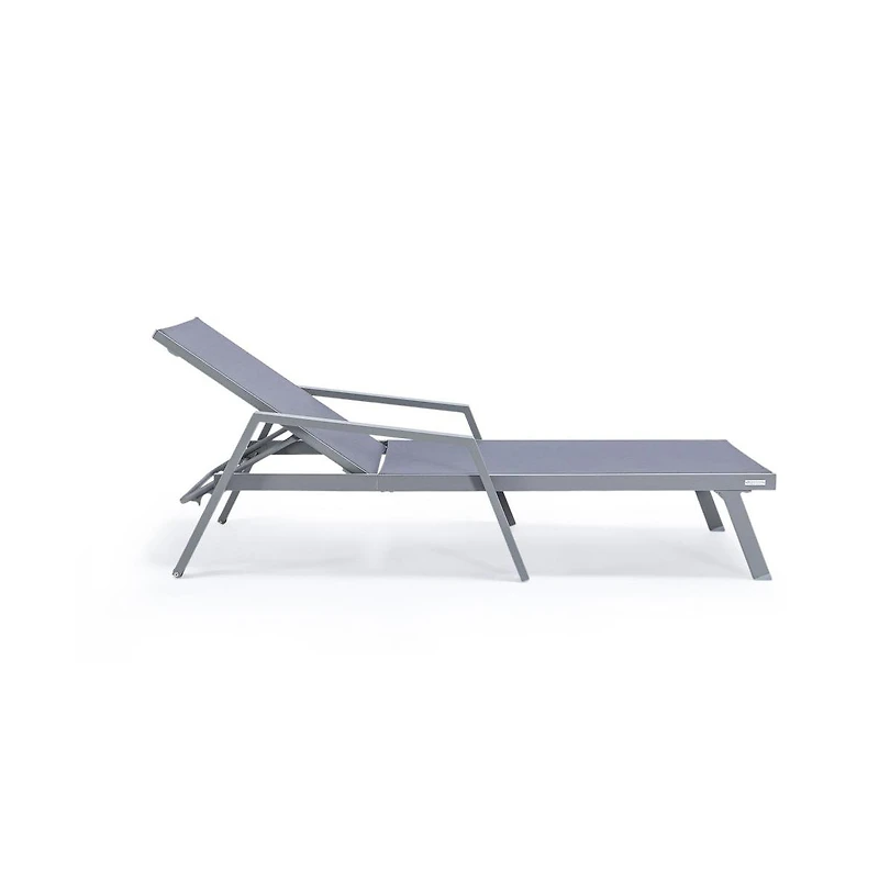 LeisureMod Marlin Patio Chaise Lounge Chair With Armrests in Grey Aluminum Frame