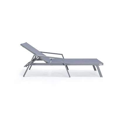 LeisureMod Marlin Patio Chaise Lounge Chair With Armrests in Grey Aluminum Frame