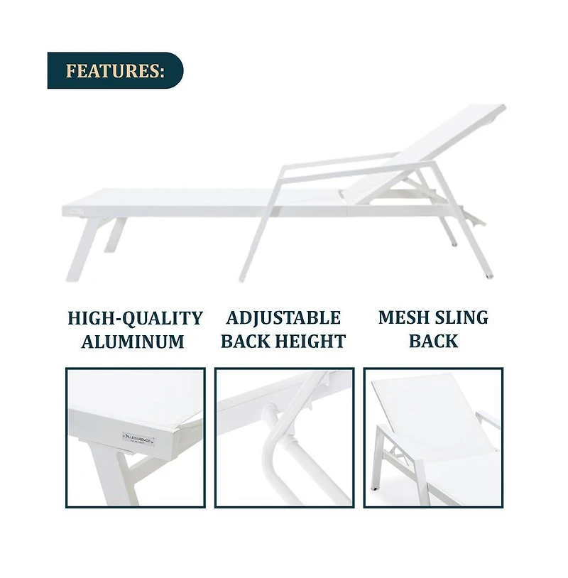LeisureMod White Aluminum Outdoor Patio Chaise Lounge Chair With Arms