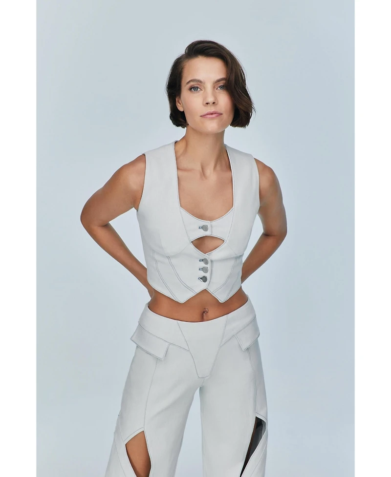Jendue Us Women's Myla Denim Top - Light Blue Cut-Out Vest
