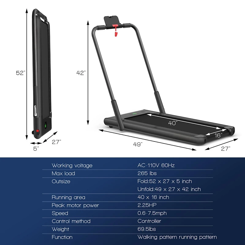 2-in-1 Folding Treadmill with Remote Control and Led Display