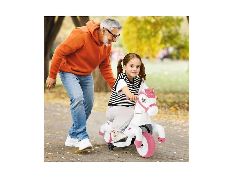 12V Unicorn Ride-On Toy with Training Wheels and Horse Riding Mode - Pink