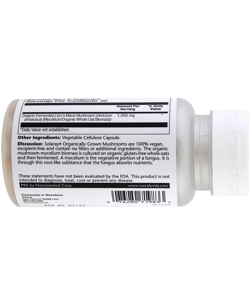 Solaray Organic Lion's Mane Fermented - 60 Organic Capsules (500 mg per Capsule)