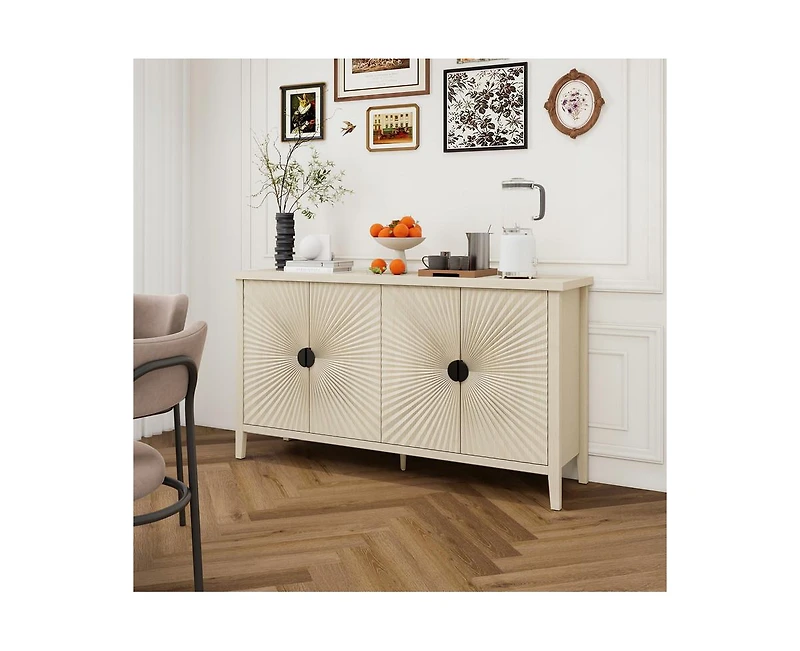 Casainc Carved Storage Cabinet With 4 Door Sideboard Coffee Bar Cabinet With Adjustable Shelf