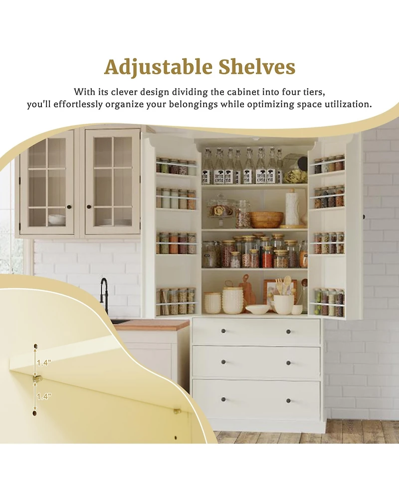Casainc 77" Freestanding Tall Kitchen Pantry Cabinet with Drawers and Adjustable Door Shelves