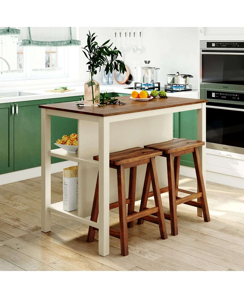 Casainc 3-Piece Stationary Kitchen Island Set with Butcher Block and Seating