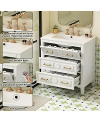 Casainc 30" Freestanding Vanity With Ceramic Sink Combo and 3 Drawers, Solid Wood Frame