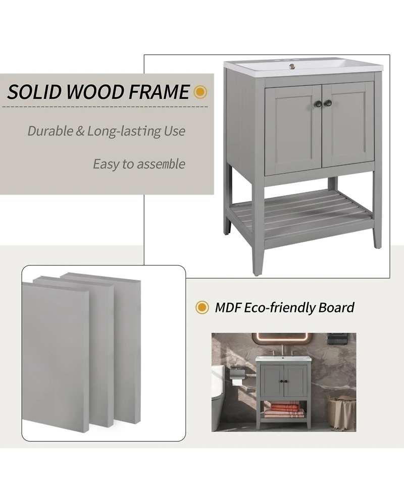 Casainc 24" Modern Bathroom Vanity With Ceramic Sink, Sleek Design and Open Style Shelf