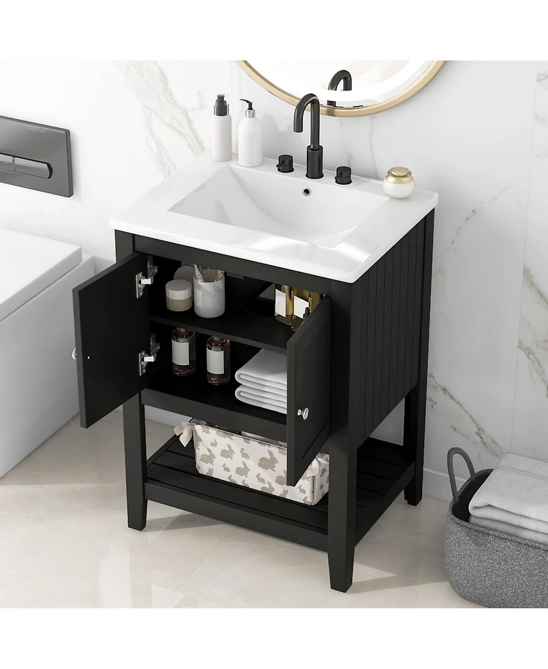 Casainc 24" Modern Bathroom Vanity With Ceramic Sink, Sleek Design and Open Style Shelf