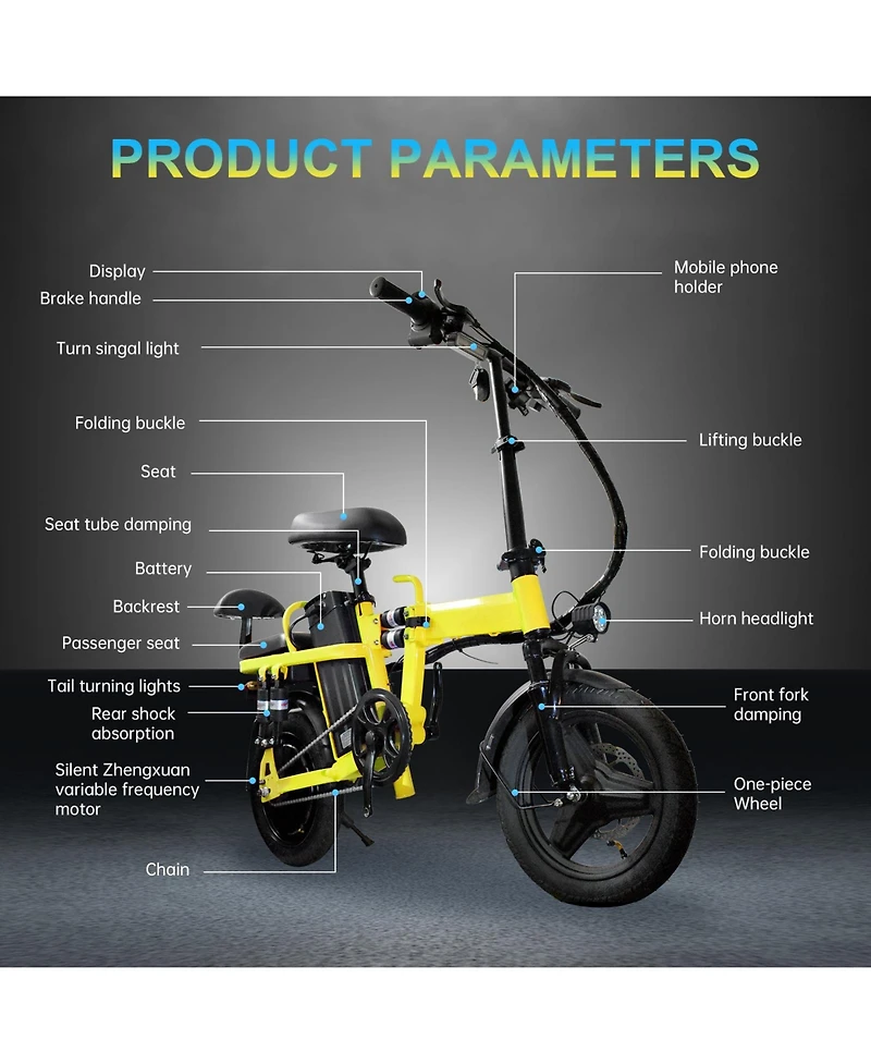 Foldable Electric Bicycle, 500W Peak Motor 45 Miles 80KM Max Range, Upgraded E-bike with Front Basket, Phone Holder and Digital Display-Yellow
