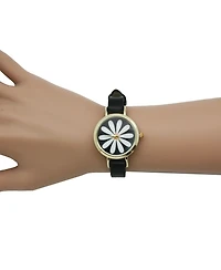 Olivia Pratt Black Large Flower Face Skinny Leather Strap Watch