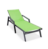 LeisureMod Marlin Patio Chaise Lounge Chair With Armrests in Black Aluminum Frame