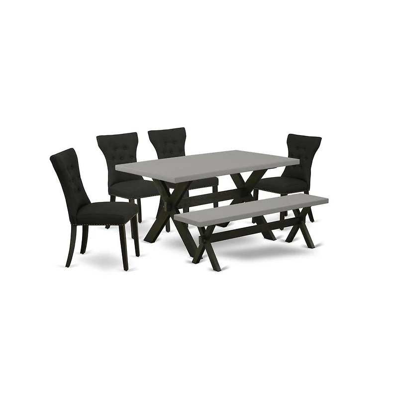 East West Furniture 6-Pc Dining Table Set - 4 Dining Chairs, a Dining Bench Cement Top and 1 Modern Cement Dining Table Top