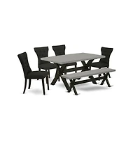 East West Furniture 6-Pc Dining Table Set - 4 Dining Chairs, a Dining Bench Cement Top and 1 Modern Cement Dining Table Top