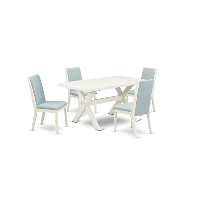 East West Furniture 5Pc Dining Table set Contains a Wood Dining Table and 4 Parsons Dining Chairs with Baby Blue Color Linen Fabric, Medium Size Table