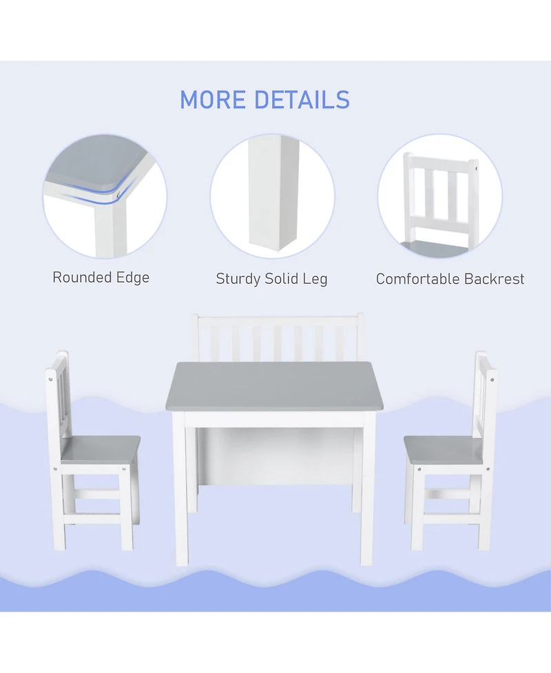 Qaba 4-Piece Kids Table Set with 2 Wooden Chairs, 1 Storage Bench,