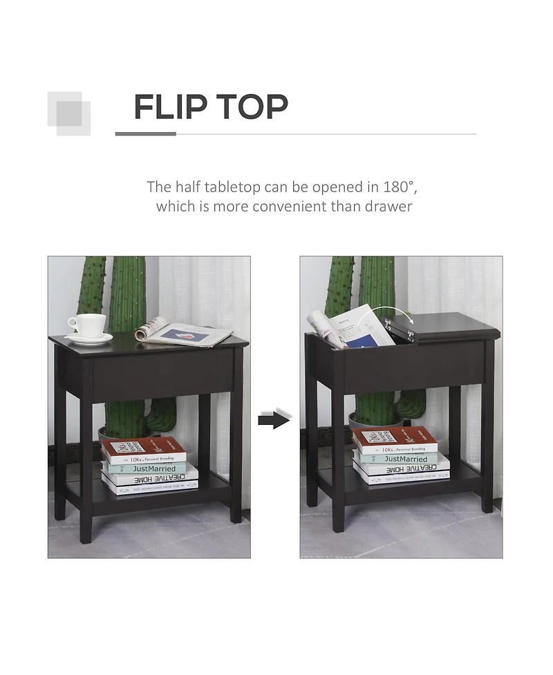 Homcom Wood Flip Top End Side Table with Cabinet Bottom Shelf for Home Office