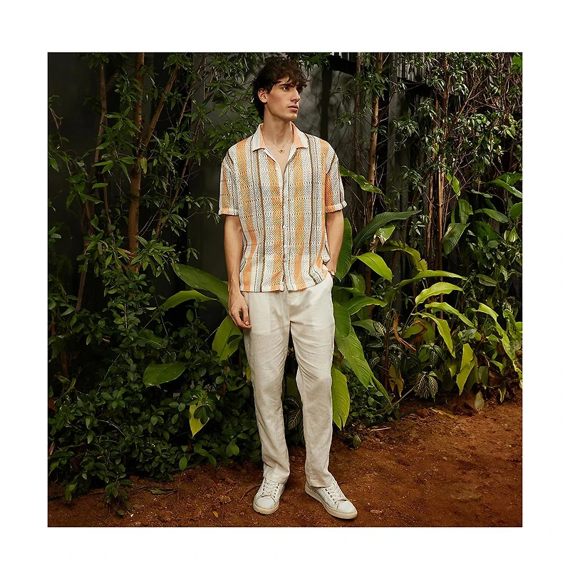 Campus Sutra Men's Coral Orange & Saltbox Beige Multitrack Knit Oversized Shirt