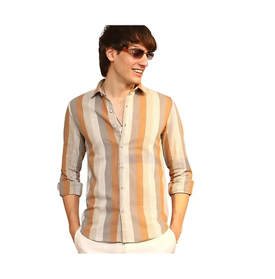 Campus Sutra Men's Copper Brown & Peanut Block-Striped Shirt