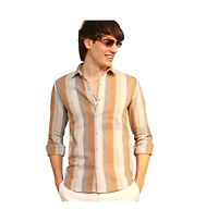 Campus Sutra Men's Copper Brown & Peanut Block-Striped Shirt