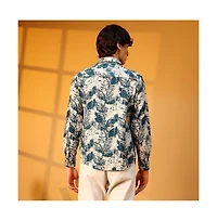 Campus Sutra Men's Ivory White & Indigo Blue Foliage-Waffle Shirt