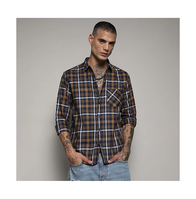 Campus Sutra Men's Cobalt Blue & Mustard Yellow Tartan Plaid Shirt