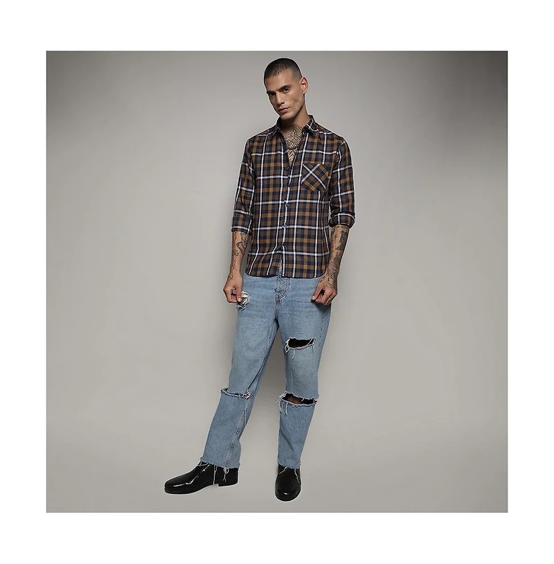 Campus Sutra Men's Cobalt Blue & Mustard Yellow Tartan Plaid Shirt