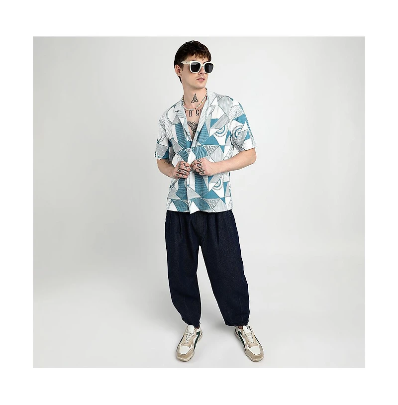 Campus Sutra Men's Steel Blue Oversized Geometric Lined Shirt