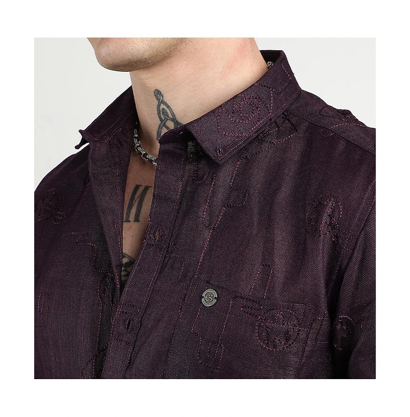 Campus Sutra Men's Plum Purple Embroidered One-Lined Shirt