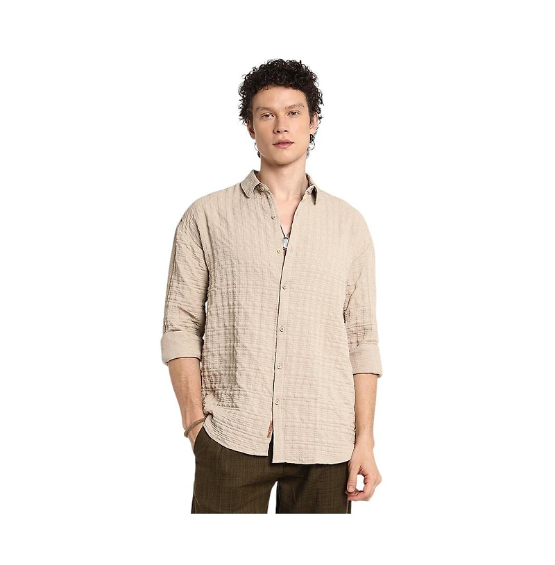 Campus Sutra Men's Saltbox Beige Dimentional-Textured Shirt