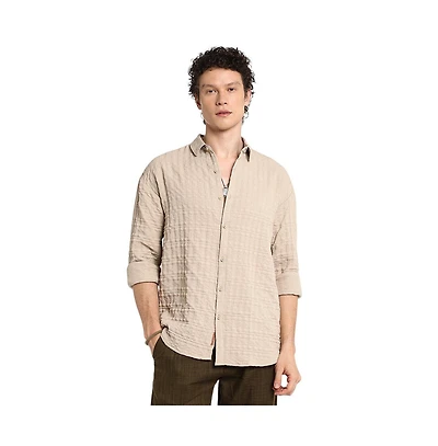 Campus Sutra Men's Saltbox Beige Dimentional-Textured Shirt
