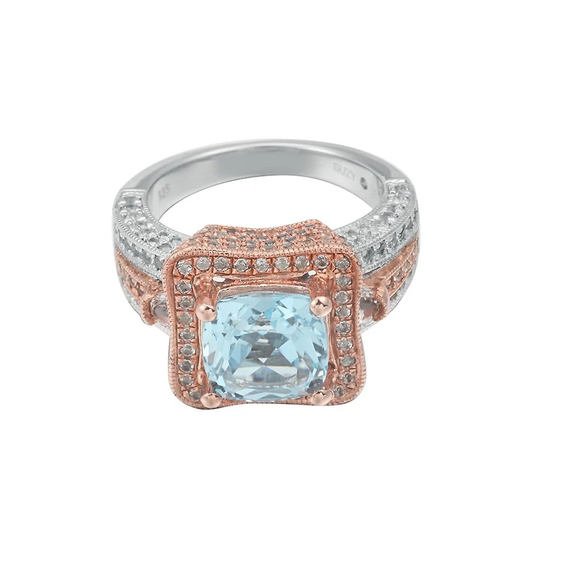 Suzy Levian Two-Tone Sterling Silver Cushion Cut Center Topaz Cocktail Paris Ring
