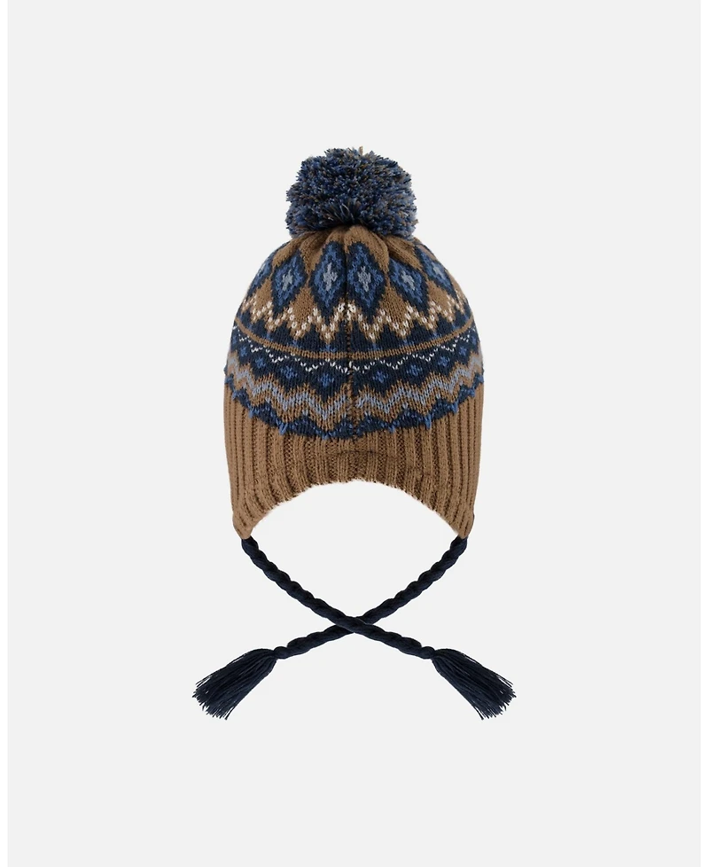 Deux par Baby Boy Lined Peruvian Knit Pompom Hat Taupe and Navy 