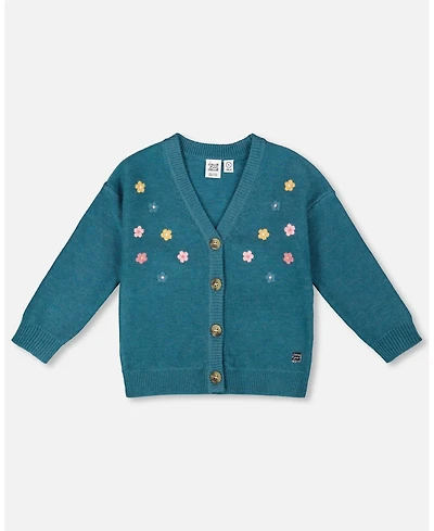 Deux par Girl Knitted Cardigan Dark Green with Flower Embroidery