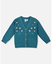 Deux par Girl Knitted Cardigan Dark Green with Flower Embroidery