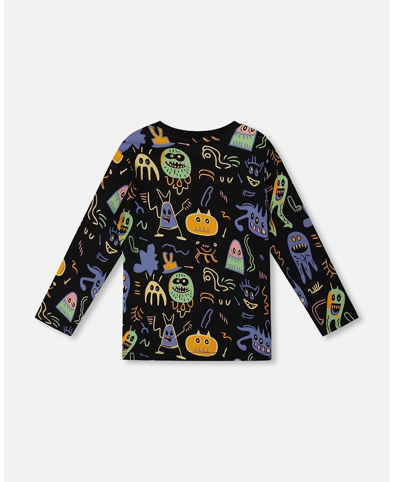 Deux par Toddler Boys Long Sleeve Cotton Allover Monsters Print Tee - Toddler|Child