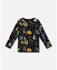 Deux par Toddler Boys Long Sleeve Cotton Allover Monsters Print Tee - Toddler|Child