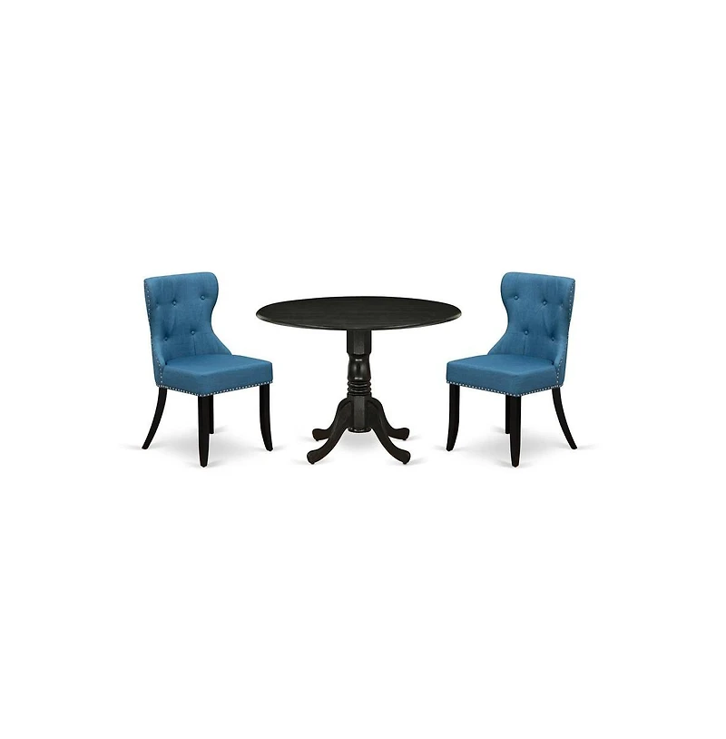 East West Furniture dining table set of 2 excellent parson chairs using Linen Fabric Mineral Blue color and a gorgeous midcentury dining table with Wi