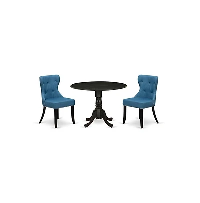 East West Furniture dining table set of 2 excellent parson chairs using Linen Fabric Mineral Blue color and a gorgeous midcentury dining table with Wi