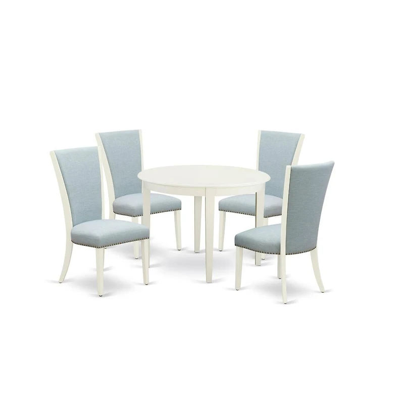 East West Furniture dining room table set of 4 excellent kitchen dining chairs with Linen Fabric Baby Blue color and a gorgeous round dining table wit