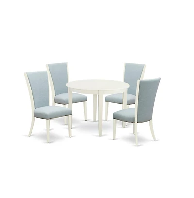 East West Furniture dining room table set of 4 excellent kitchen dining chairs with Linen Fabric Baby Blue color and a gorgeous round dining table wit