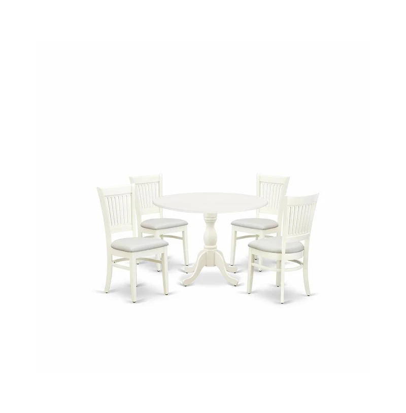 East West Furniture 5-Piece Dining Room Table Set- 4 Dining Room Chair with Linen Fabric Seat and Slatted Chair Back - Drop Leaves Round Table